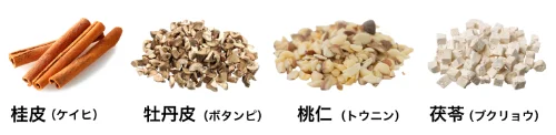 桂皮（ケイヒ）牡丹皮（ボタンピ）桃仁（トウニン）茯苓（ブクリョウ）